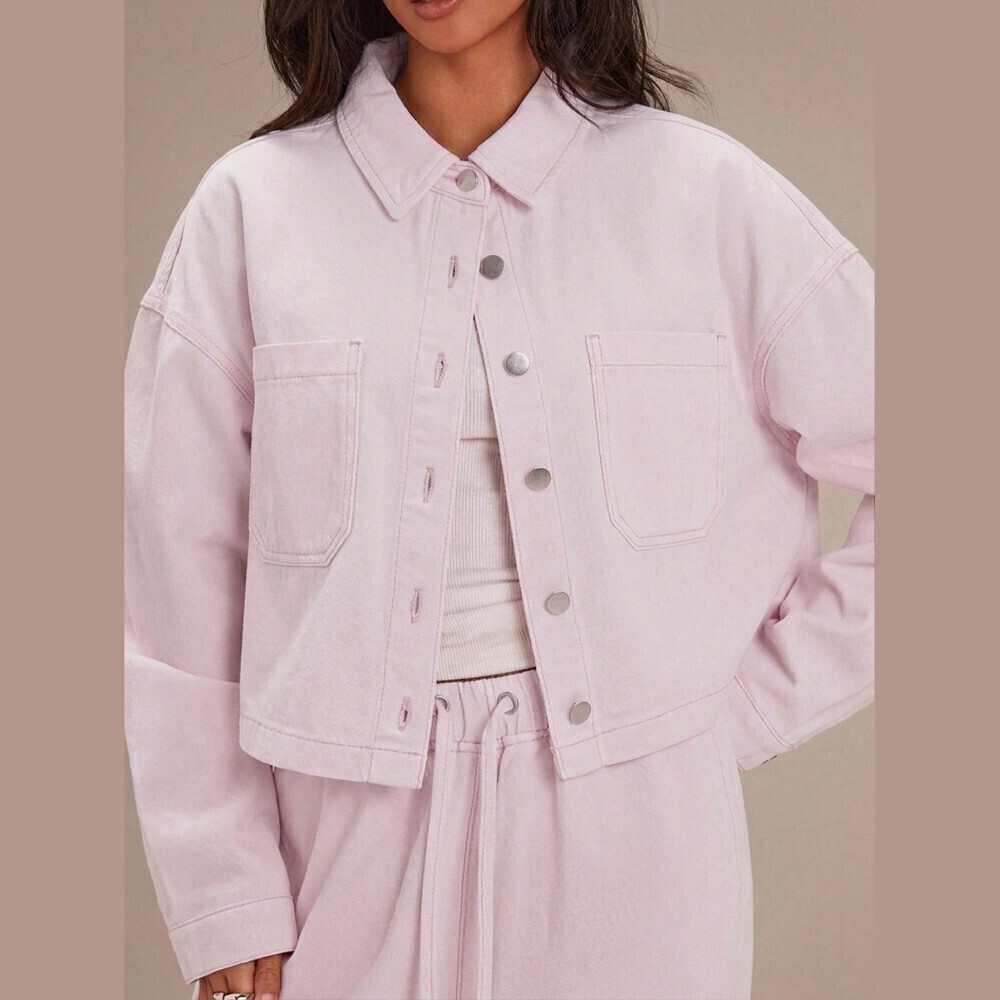 Blush Pink Denim Button-Front Cropped Jacket